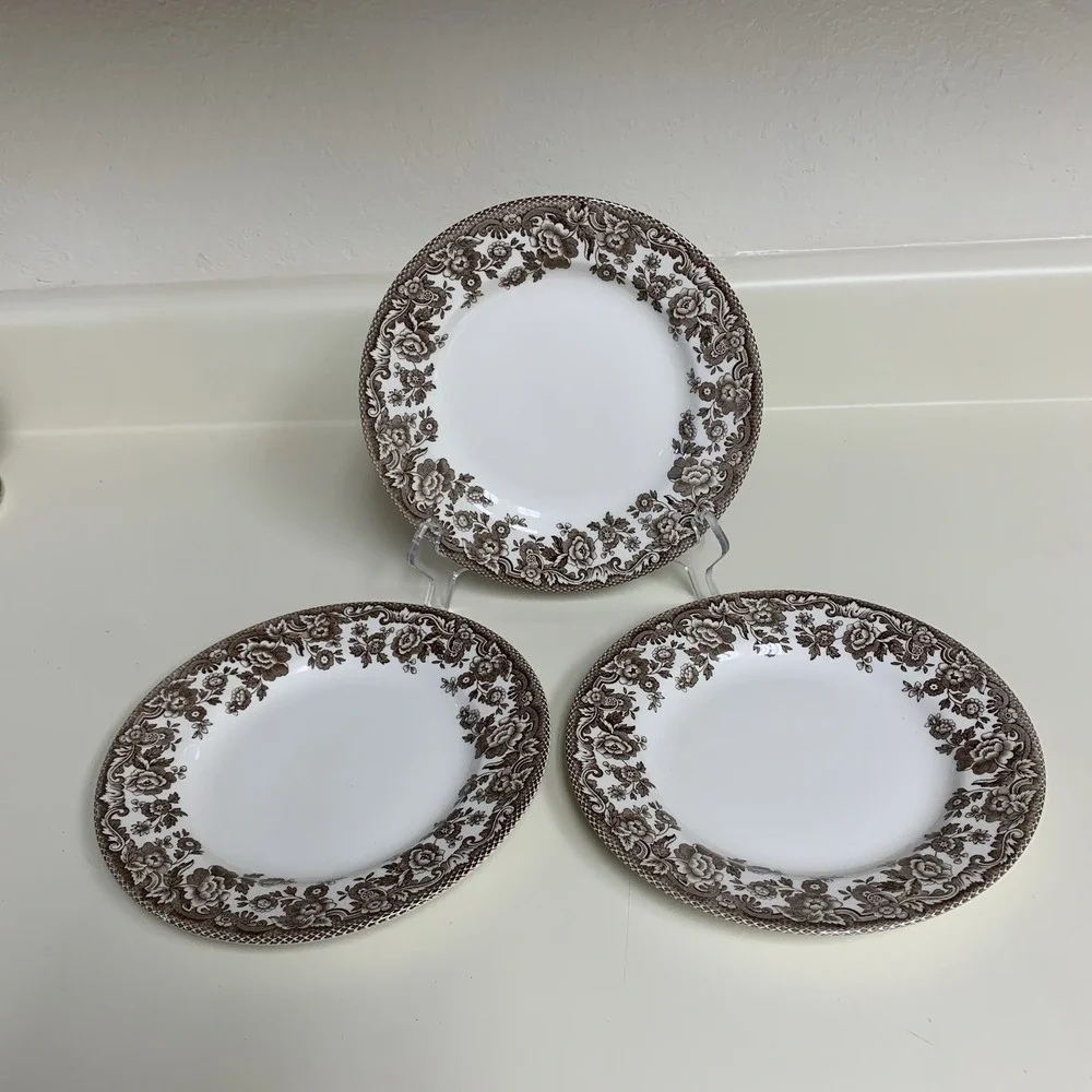 3 Spode Delamere Brown Earthenware Salad Plate England Imperial Flower Rim 7 7/8